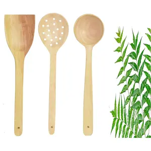 TERRACOTTA JEWELLERY Neem Wood Cooking Spoon SpatulaLadle for Cooking & Serving Sets of 3 (No Harmful Polish)