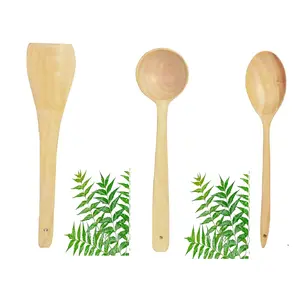 TERRACOTTA JEWELLERY Natural Neem Wood Cooking Spoon SpatulaLadle for Cooking & Serving Set of 3 (No Harmful Polish)