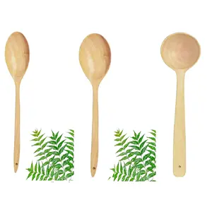 TERRACOTTA JEWELLERY Neem Wood Cooking Spoon Ladle for Cooking & Serving Sets of 3 (No Harmful Polish)
