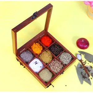 Creation India Craft Wooden Spice Box Set for Kitchen Table Top Masala Dabba 9 Section/Partition Jars for Kitchen Storage Boxes Brown