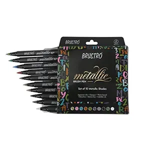 BRUSTRO Metallic Brush Pens - Soft Brush Tip for Calligraphy Hand Lettering Colouring Scrapbooking Card Making - Set of 10 Colors.