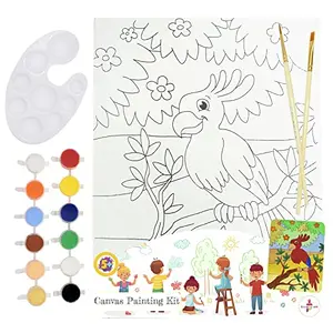 Kalakaram Canvas Painting Kit with Printed Canvas Board Paints and Brushes (Colored Parrot)