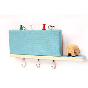 IVEI Utility Key Holder with a Small pin Board and a Handcrafted Wooden Elephant - Blue