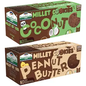 Tummy Friendly Foods Millet Cookies - Coconut, Peanut Butter - Pack of 2 - 75g each. Healthy Ragi Biscuits, snacks for Baby, Kids & Adults