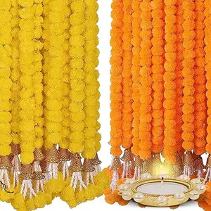 Artificial Genda Phool For Decoration Flowers For Decoration Garland With Bell For Diwali & Festivals | 5 Feet Long 10 Pcs With 2 Diya (Orange+ Yellow) (Bell Y+O) 5 Centimeters