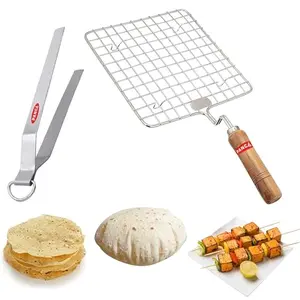 Premium Stainless Steel Papad Jali with Tong Wooden Handle- silver