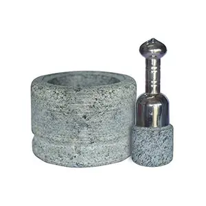 Stone Mortar and Stainless Steel Pestle Set/Ural/Okhli Masher/idikallu 5 inch Height 5 Inch Dia (Wt-3Kg)