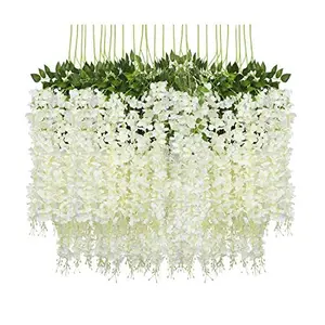 12 Pack (43.2 FT) Artificial Wisteria Vine Ratta Fake Wisteria Hanging Garland Silk Long Hanging Bush Flowers String Home Party Wedding Decor (White)