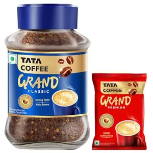 Tata Coffee Grand Classic Instant Coffee| With Flavour Locked Decoction Crystals | 95g Jar & Tata Coffee Grand Premium Instant Coffee| 50G Pouch Bag Powder