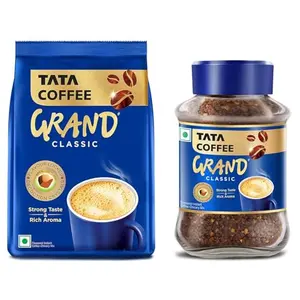Tata Coffee Grand Classic Instant Coffee| With Flavour Locked Decoction Crystals | 95g Jar & Tata Coffee Grand Classic Instant Coffee| With Flavour Locked Decoction Crystals | 100g Pouch