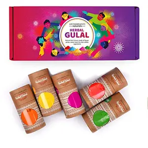 Antarkranti Natural Holi Gulal Colour - Orange | Yellow | Red | Green and Blue Tesu Flower | Rose Petals | Marigold | Sandalwood | Maize Starch | Food Colour - Pack of 5 100gm x 5