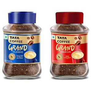 Tata Coffee Grand Premium Instant Coffee|100G Jar Powder & Tata Coffee Grand Classic Instant Coffee| With Flavour Locked Decoction Crystals | 95g Jar