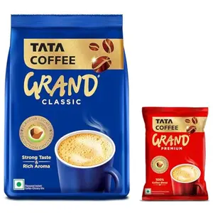 Tata Coffee Grand Classic Instant Coffee| With Flavour Locked Decoction Crystals | 100g Pouch & Tata Coffee Grand Premium Instant Coffee| 50G Pouch Bag Powder