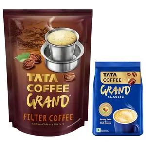 Tata Coffee Grand Classic Instant Coffee | Strong Taste & Rich Aroma | With Flavour Locked Decoction Crystals | 100g Pouch & Tata Coffee Grand Filter Coffee Pouch 500G Bag Powder