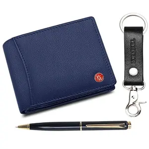 Themes Mens Leather Wallet Keyring & Pen Combo Gift Set for Men | Wallet Men Leather Branded Navy Casual