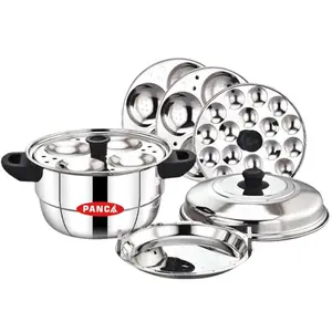 Idli Cooker 5 Plate 12 Cavity Stainless Steel Idli Maker Stainless Steel Idly Pot with Steamer and Mini 5 Idli Plates Silver