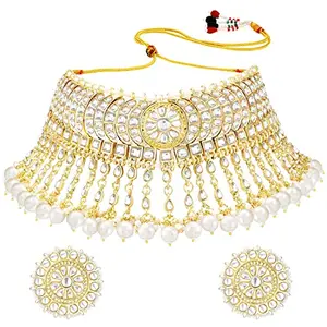 I Jewels 18K Gold Plated Indian Wedding Bollywood Kundan & Pearl Studded Choker Necklace Jewellery Set For Women/Girls (K7210-1)
