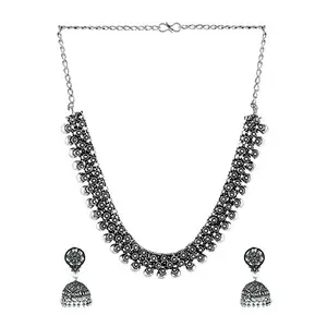 Antique Silver Oxidized Ethnic Indian Traditional Party Wear Statement Necklace Set with Jhumka Earrings Jewelry for Women