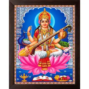 Saraswati Goddess of Knowledge with Peacock High Contrast HD Printed Picture Wall Painting with Frame (30 X 23.5 X 1.5 cm Acrylic Sheet Used Brown Wood)