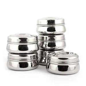 Coconut Stainless Steel Dhanush Dabba/Container/Storage Box - Set of 6 (200 ML Each) Diameter : 4 Inch. Height : 1.5 Inch