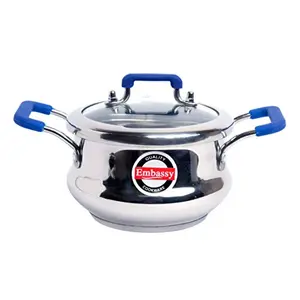 Embassy Stainless Steel Zircon Dish/Cook and Serve Pot/Handi with Glass Lid Size 3 1.8 Litre 18.5 cms (Sandwich Bottom Induction Friendly)