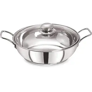 Pristine Stainless Steel Tri Ply Induction Bottom Compatible Sandwich Base Kadai/Sauce Pan with Knob Glass Lid Capacity-2L (22cm Silver)