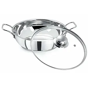 Pristine Stainless Steel Induction Bottom Compatible Sandwich Base Pan with Knob Glass Lid | Kadai/Sauce Pan Capacity- 3L (25cm Silver)