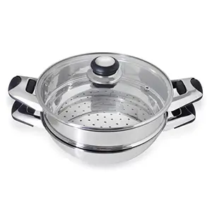 Stainless Steel Induction Base Wok Multi Purpose Kadai and Steamer 22cm with Glass Lid