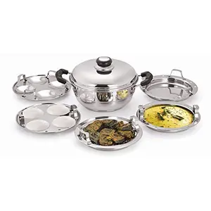 Pristine Try Ply Induction Bottom Stainless Sandwich Base Used Induction Multi-Purpose Kadai (20cm) Set with Knob Stainless Steel Lid and 2 Idli Plates 2 Dhokla Patra Plate with Stainless Steel