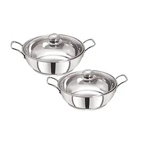 Stainless Steel Induction Compatible Sandwich Base Kadai Set with Glass Lid 22Cm/25Cm Silver