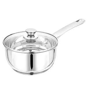Pristine Try Ply Induction Bottom Stainless Steel Sauce Pan with Knob Glass Lid | Induction and Gas Stove Compatible (2.2L Silver)