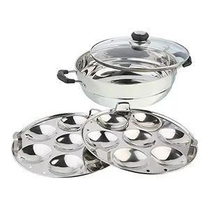 Stainless Steel Induction Compatible Multi Purpose Kadai with Glass Lid and 2 Idly Plates