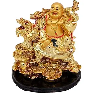 Laughing Buddha with Dragon Tortoise on Bed of Wealth - Golden (12CM)