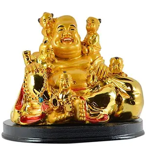 Vastu Sitting with Children Laughing Buddha for Remove Bad Luck Laughing Buddha Statue for Showpiece and Gift (Golden)