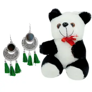 Women's Oxidized Metallic Earring Set with Green thread Naughty Black & White Panda
