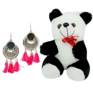 Women's Oxidized Metallic Earring Set with Pink thread Naughty Black & White Panda
