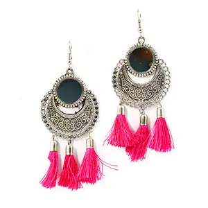 Women's Oxidized Metallic Earring Set with Pink thread.
