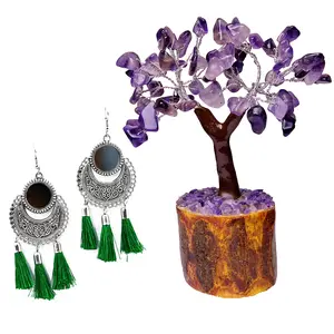 Women's Oxidized Metallic Earring Set with Green thread With AMETHYST MSEAL TREE-60 DANA