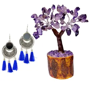 Women's Oxidized Metallic Earring Set with Blue thread With AMETHYST MSEAL TREE-60 DANA