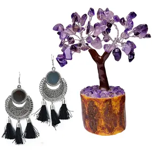 Women's Oxidized Metallic Earring Set with Black thread With AMETHYST MSEAL TREE-60 DANA