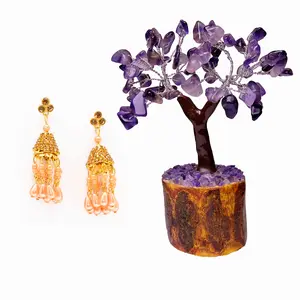 Women's Gold Plated Hoop Dangler Jhumka with Pearl Earring Party Wear With AMETHYST MSEAL TREE-60 DANA