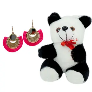Women's Oxidized Earring with Mirror & Pink Thread Party Wear Naughty Black & White Panda