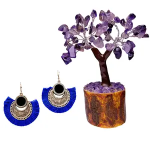 Women's Oxidized Earring with Mirror & Blue Thread Party Wear With AMETHYST MSEAL TREE-60 DANA