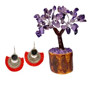 Women's Oxidized Earring with Mirror & Red Thread Party Wear With AMETHYST MSEAL TREE-60 DANA