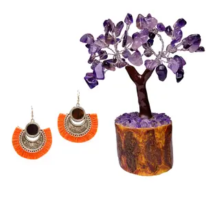 Women's Oxidized Earring with Mirror & Orange Thread Party Wear With AMETHYST MSEAL TREE-60 DANA