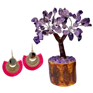 Women's Oxidized Earring with Mirror & Pink Thread Party Wear With AMETHYST MSEAL TREE-60 DANA