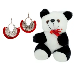 Women's Oxidized Crescent Moon Earring with Red Thread Party Wear Naughty Black & White Panda