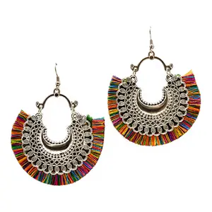 Women's Oxidized Crescent Moon Earring with Multicolour Thread Party Wear.