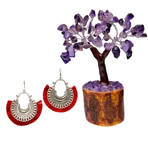Women's Oxidized Crescent Moon Earring with Red Thread Party Wear With AMETHYST MSEAL TREE-60 DANA
