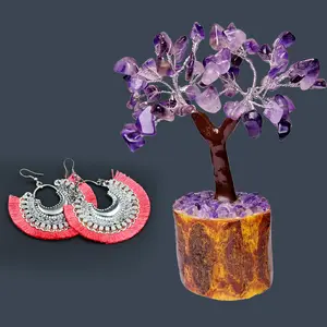 Women's Oxidized Crescent Moon Earring with Rouge Thread Party Wear With AMETHYST MSEAL TREE-60 DANA